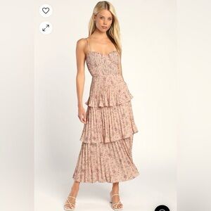 Cascading Crush Pink Floral Print Tiered Bustier Midi Dress